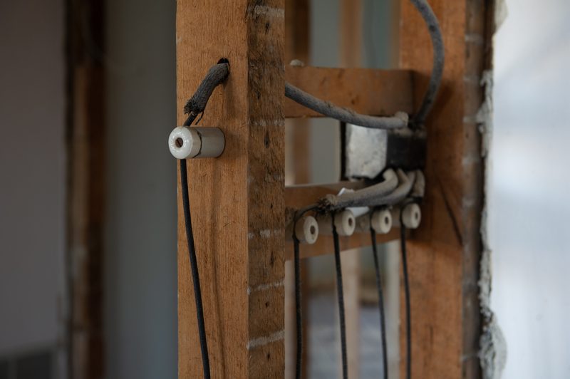 Old knob and tube wiring on wooden framing inside a home's walls