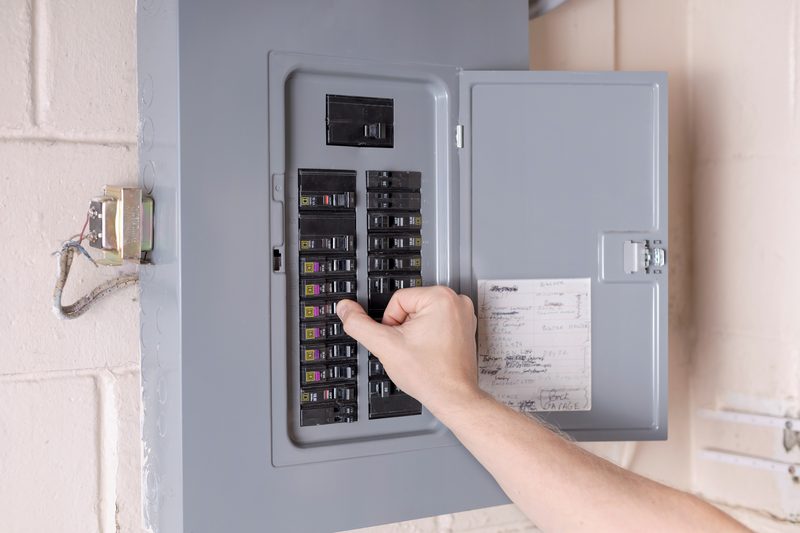 Electrician resetting a circuit breaker in a residential electrical panel